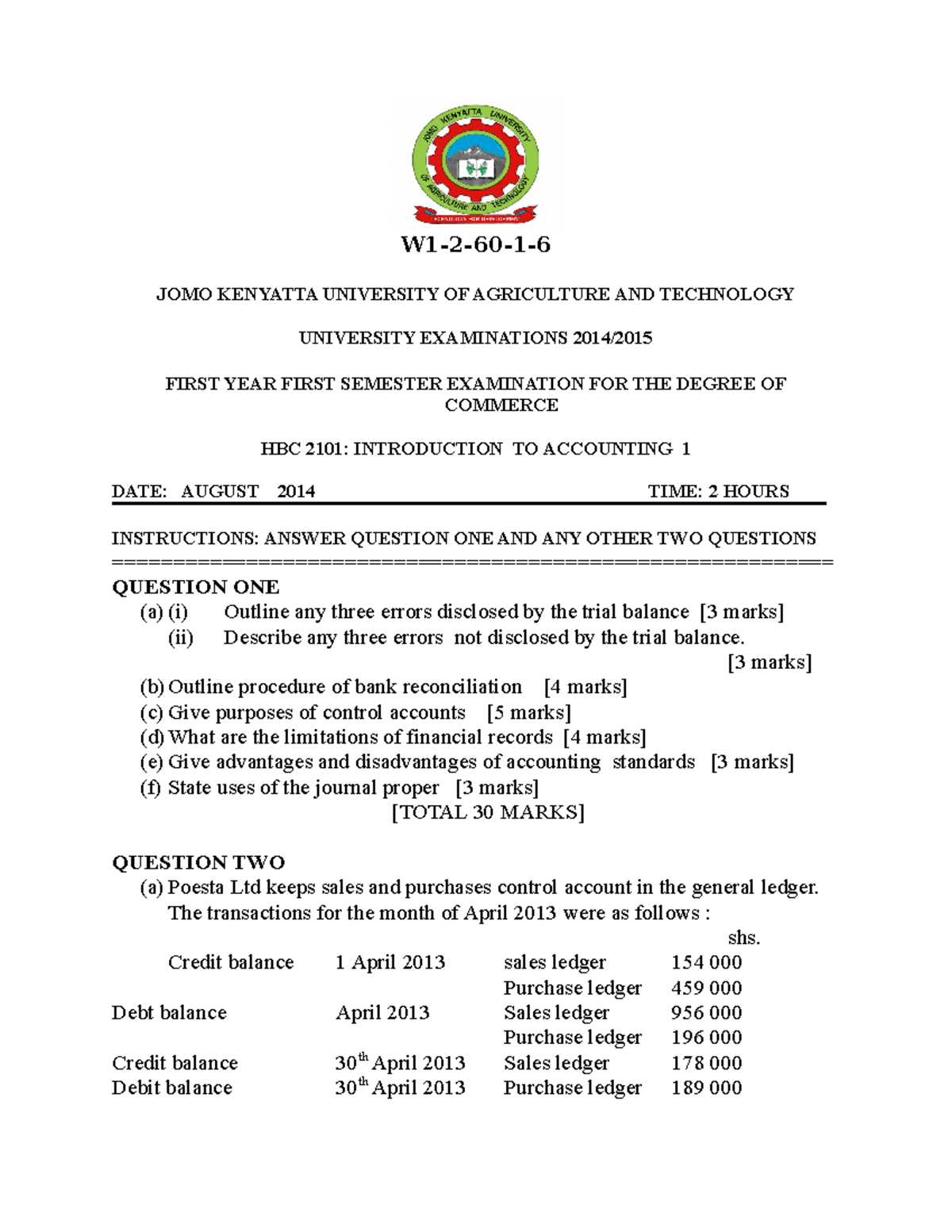 HBC 2101 Introduction TO Accounting 1 - W1-2-60-1- JOMO KENYATTA ...