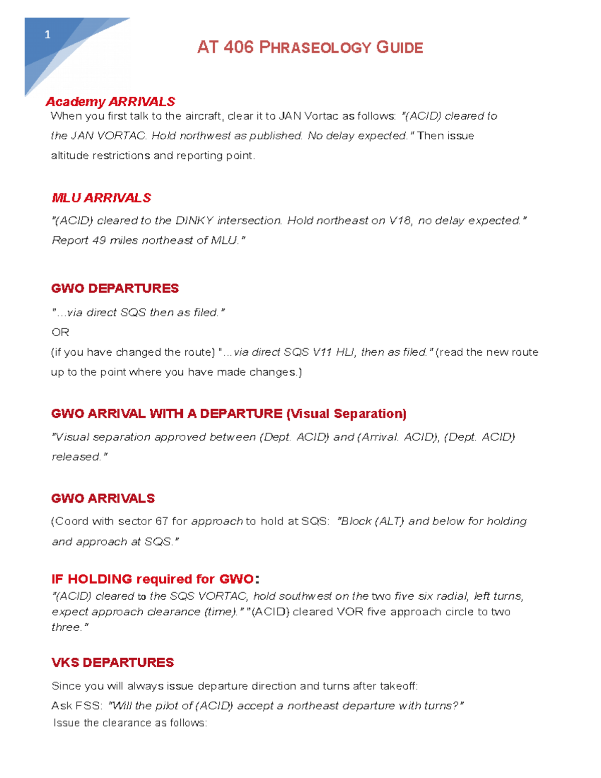 AT406 Phraseology Guide 1 AT 406 PHRASEOLOGY GUIDE Academy ARRIVALS