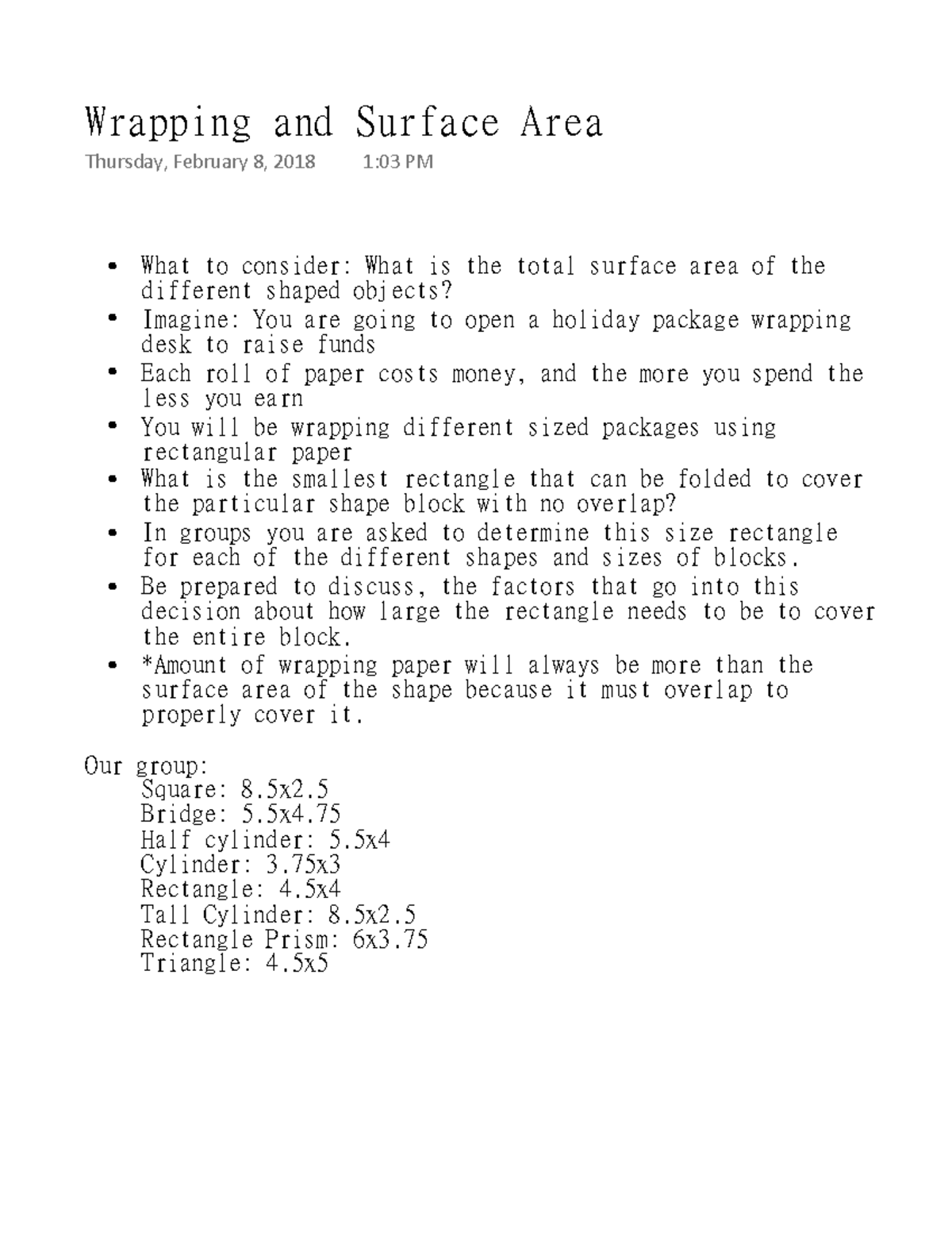 Wrapping and Surface Area - Warning: TT: undefined function: 32 What to ...