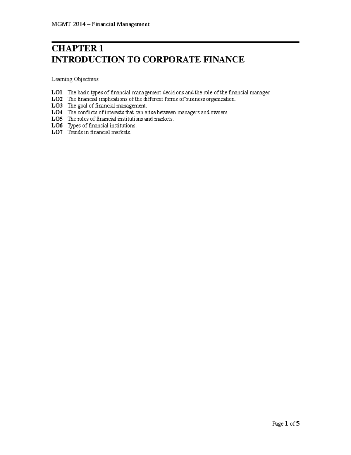 FM - CH1 Exercise - CHAPTER 1 INTRODUCTION TO CORPORATE FINANCE ...