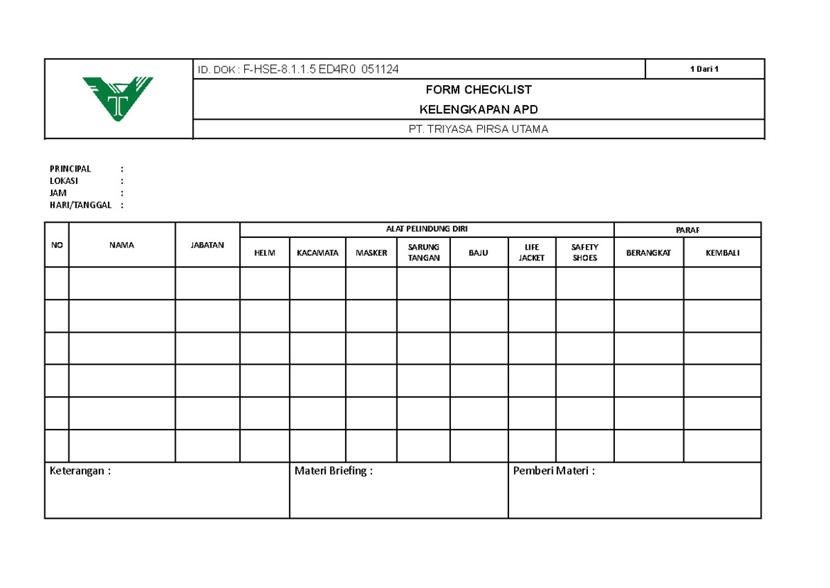 F-HSE-8.1.1.5 FORM Checklist Kelengkapan APD .docx - Teknik Industri ...