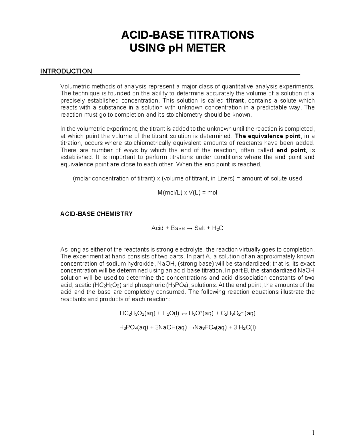 AcidBase p H Titration ACIDBASE TITRATIONS USING pH METER