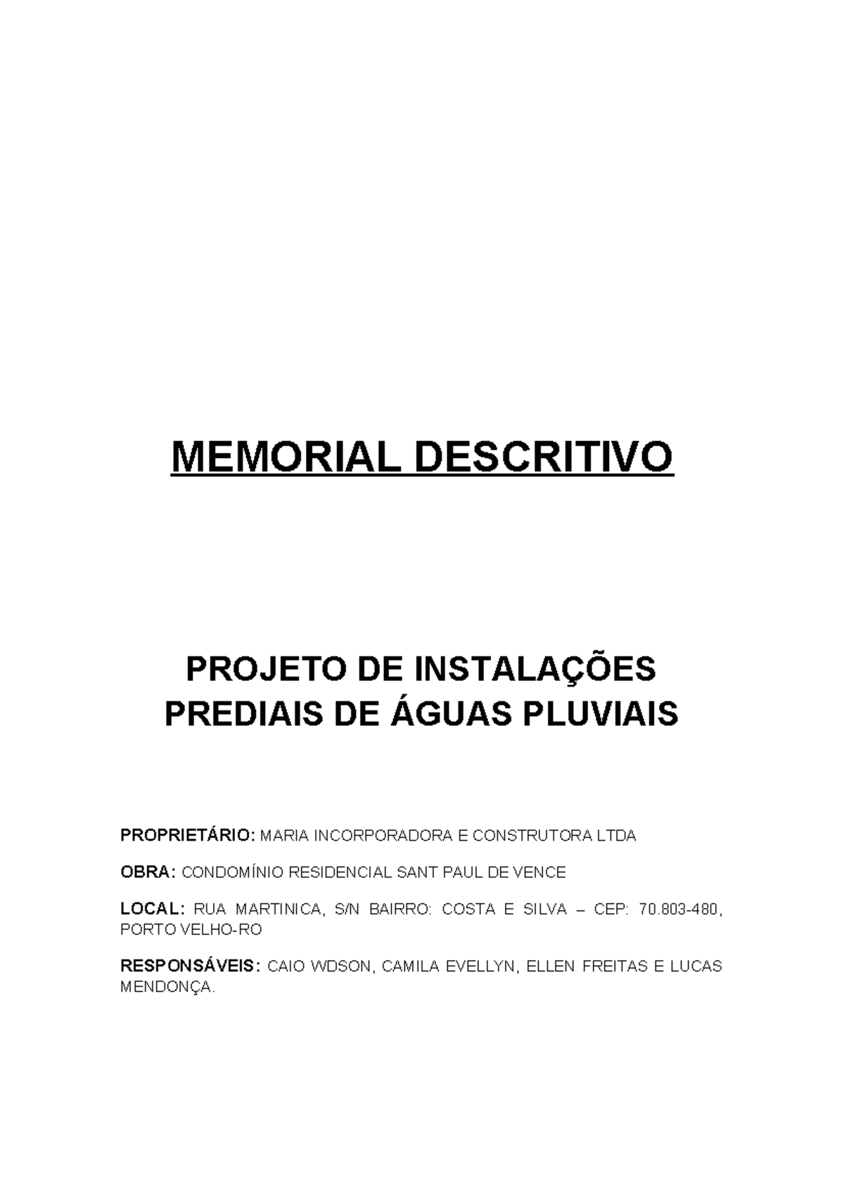 Memorial Descritivo - ÁGUA Pluvial - MEMORIAL DESCRITIVO PROJETO DE ...
