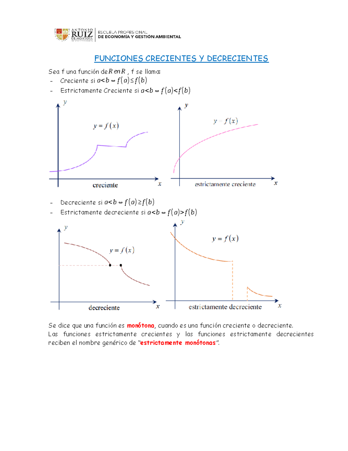 Monoton A Y Clasificaci N De Funciones Funciones Crecientes Y