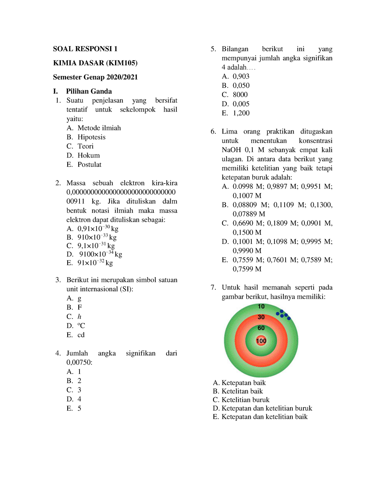 Soal Responsi 1 Kimia Dasar - SOAL RESPONSI 1 KIMIA DASAR (KIM105 ...