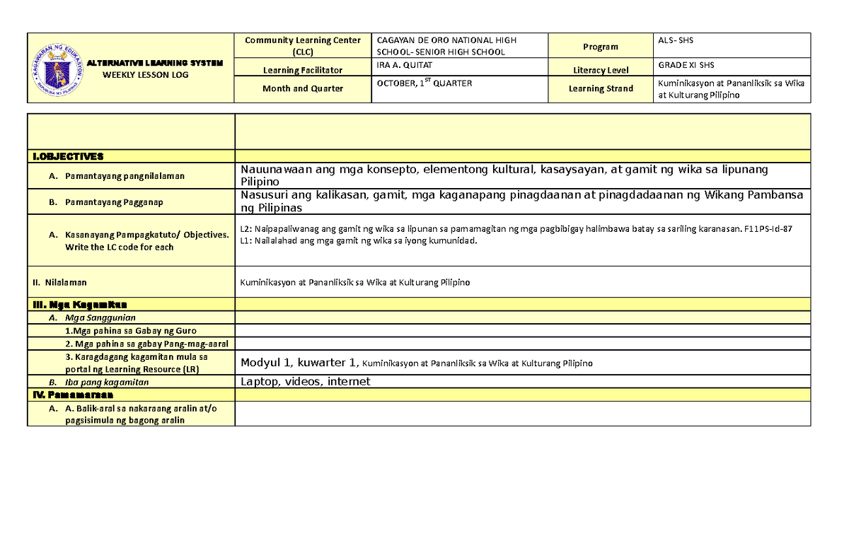 Lesson Plan in Filipino - ALTERNATIVE LEARNING SYSTEM WEEKLY LESSON LOG ...