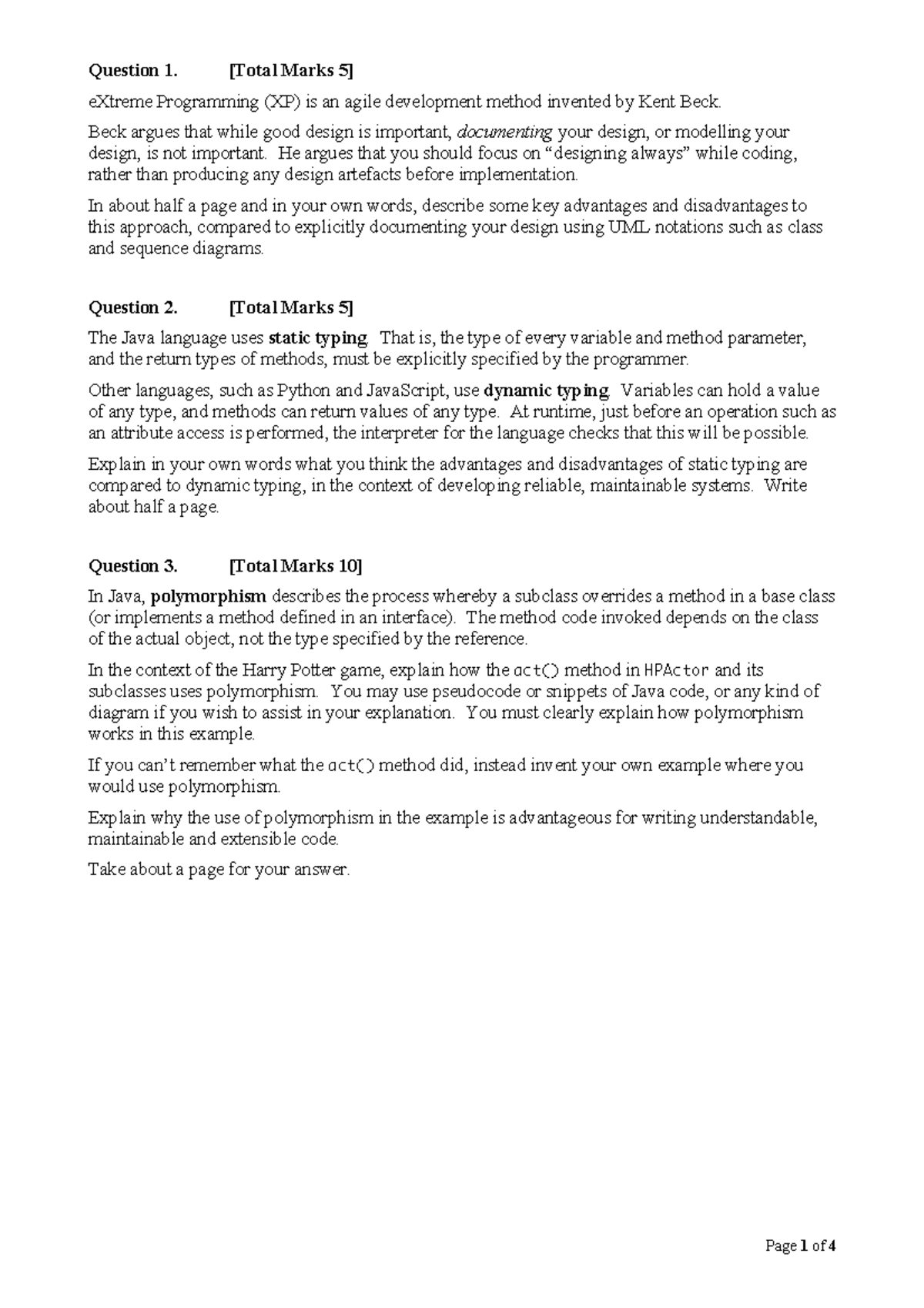 Sample/practice exam 14 June, questions - Question 1. [Total Marks 5 ...