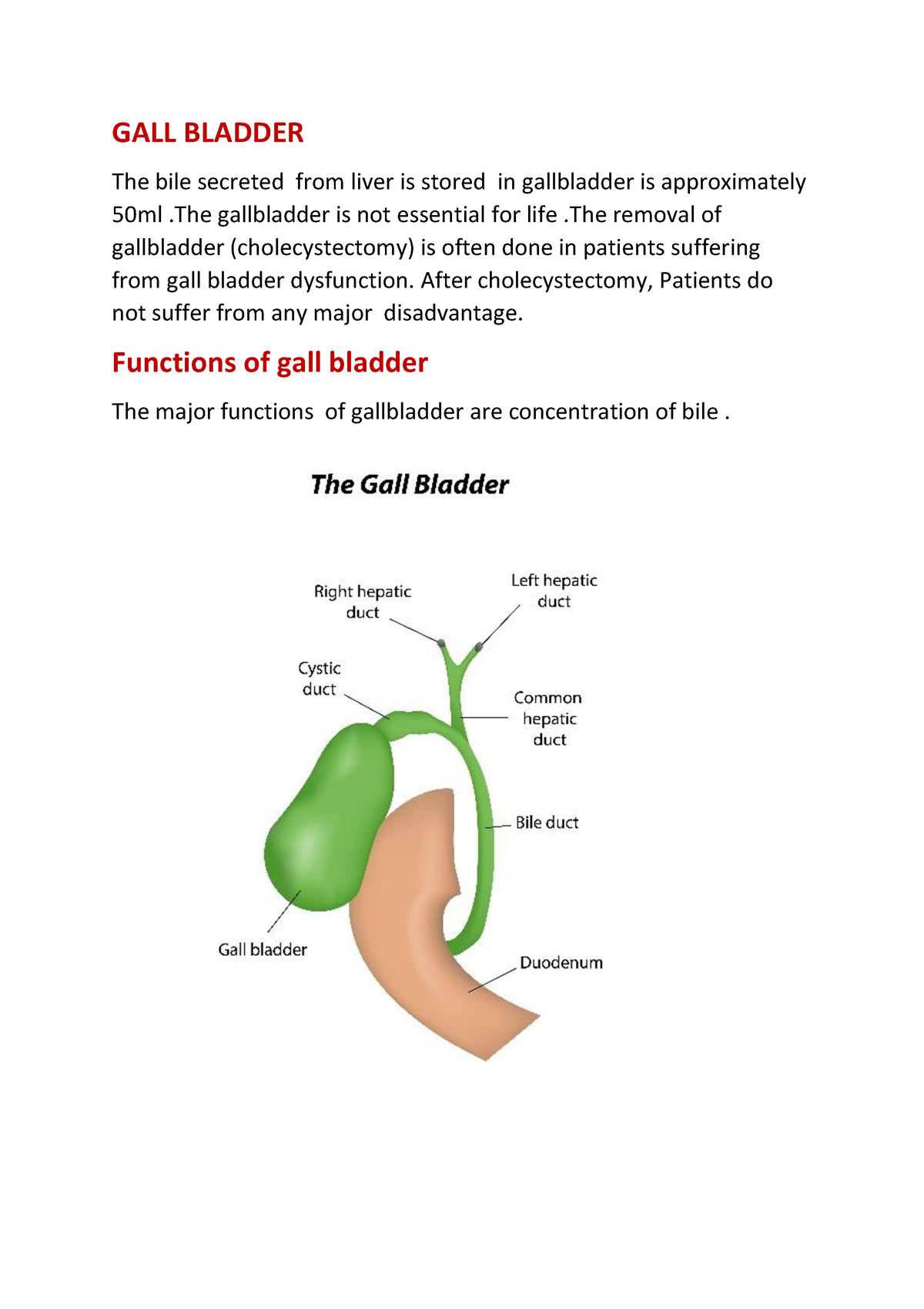 Functions of gall bladder GALL BLADDER The bile secreted from liver