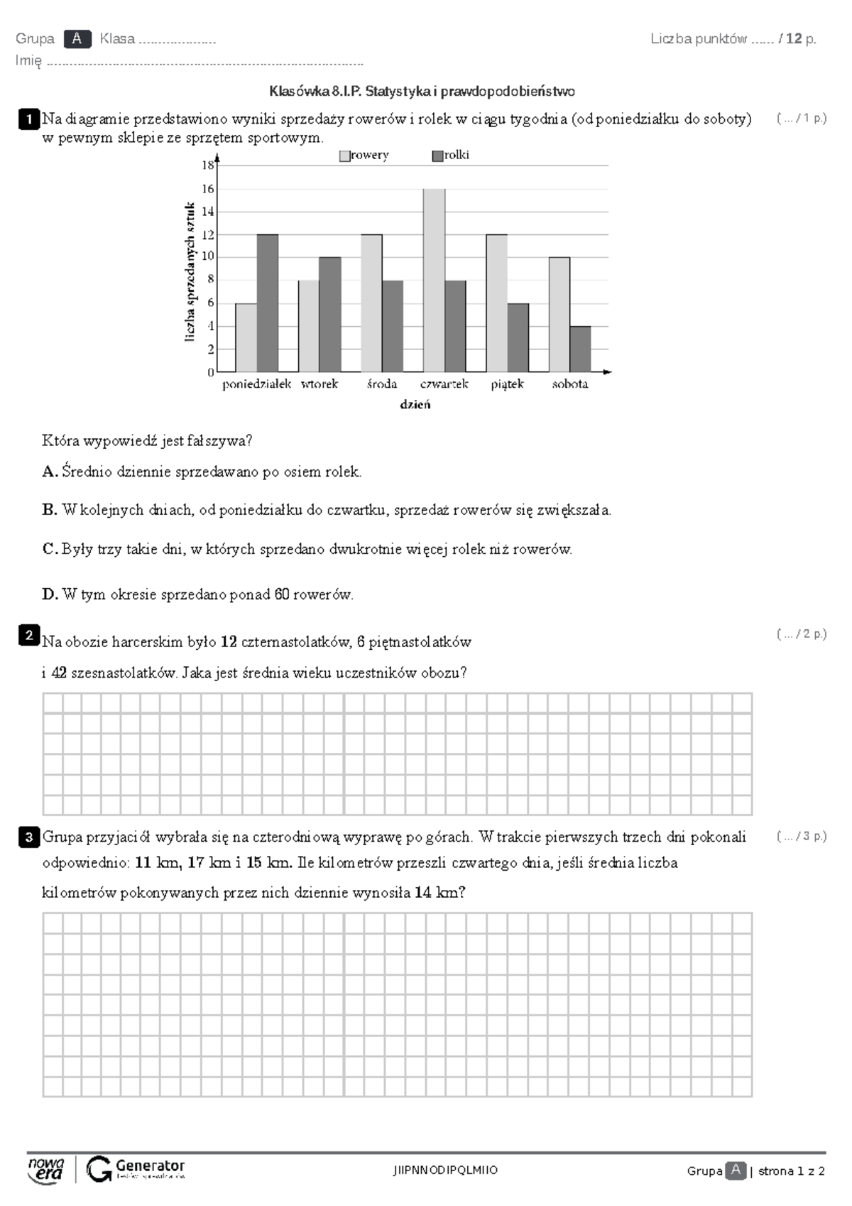 Klasówka 8.I.P. Statystyka i prawdopodobieństwo Test (z widoczną