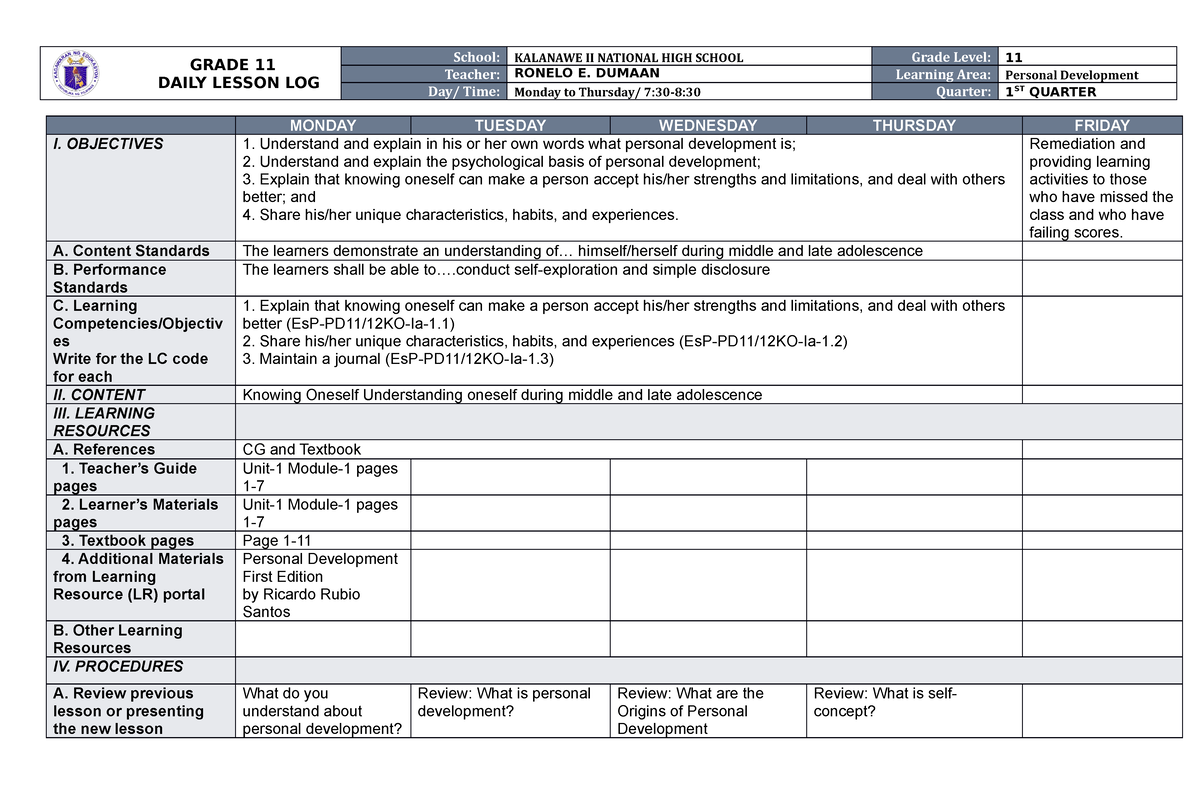 Personal-Development-DLL - GRADE 11 DAILY LESSON LOG School: KALANAWE ...