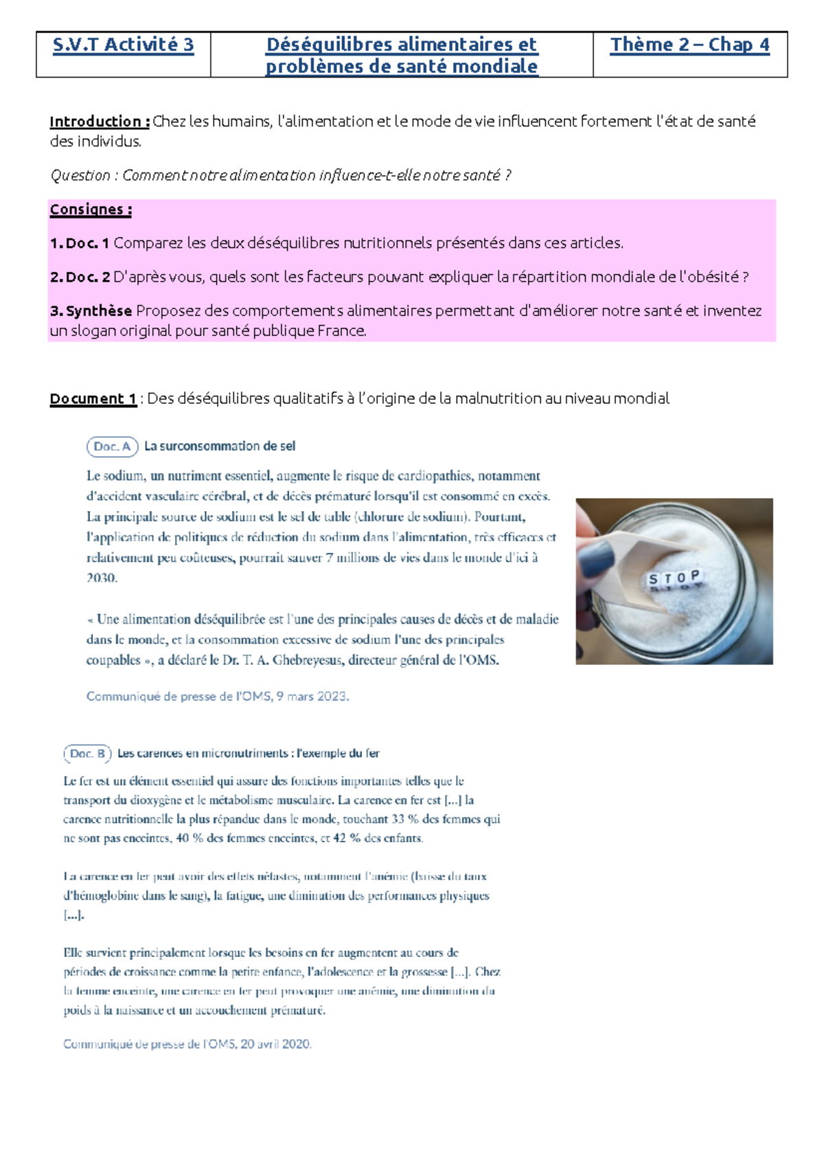 3 Activité3 SantéMondiale - Introduction : Chez les humains, l ...