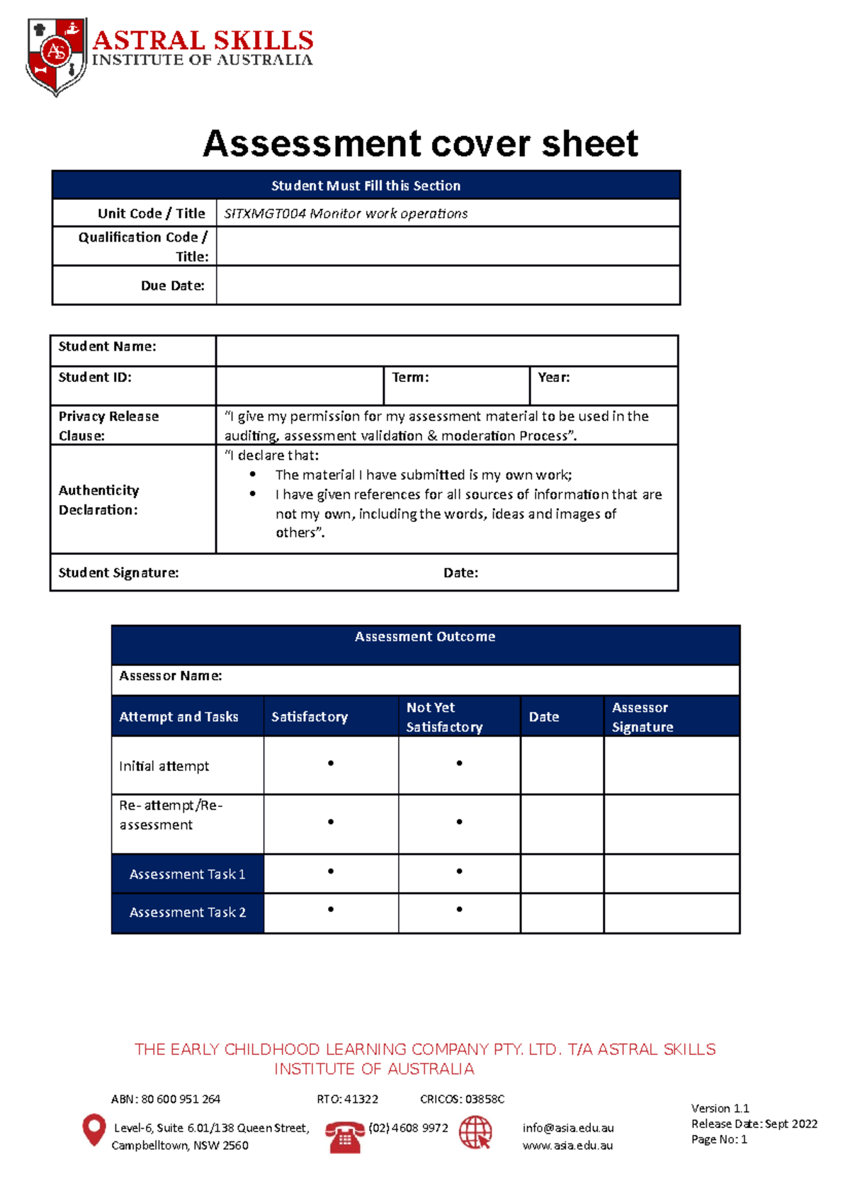 Sitxmgt 004 Student Assessment Tasks - Assessment cover sheet Student ...