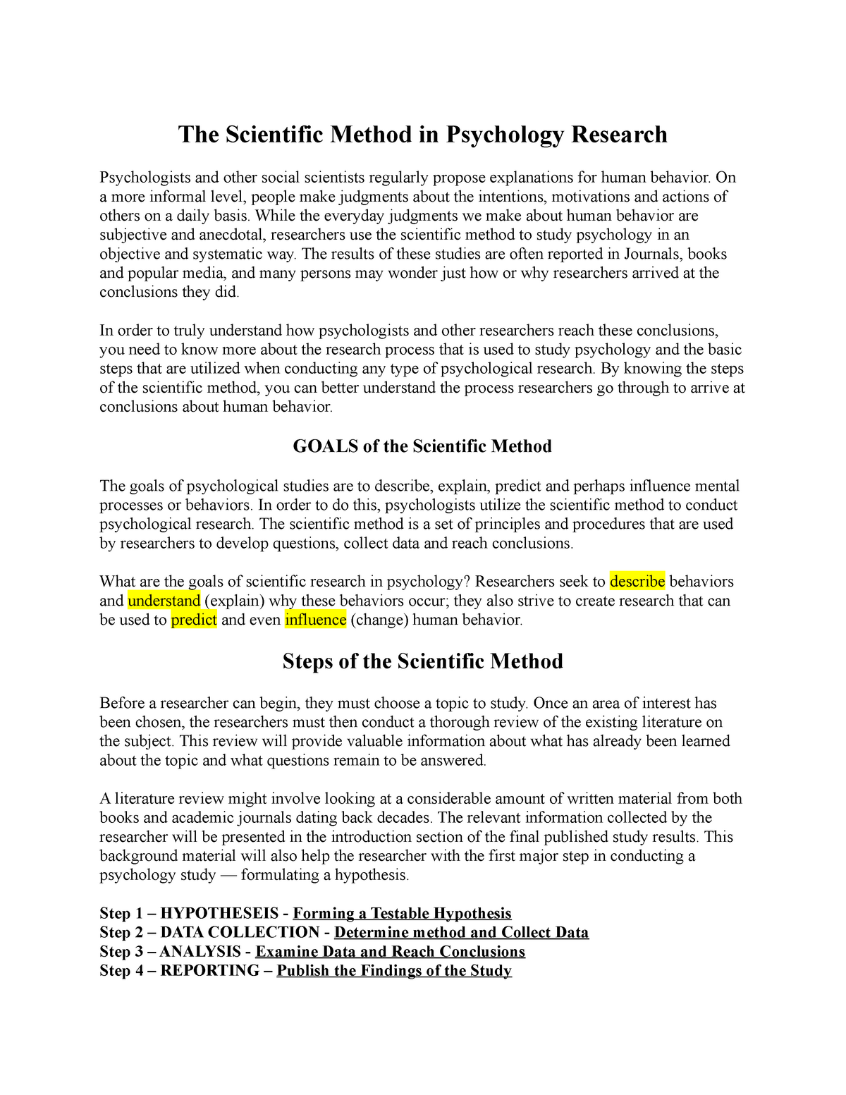 Notes On The Scientific Method The Scientific Method In Psychology Research Psychologists And 7142