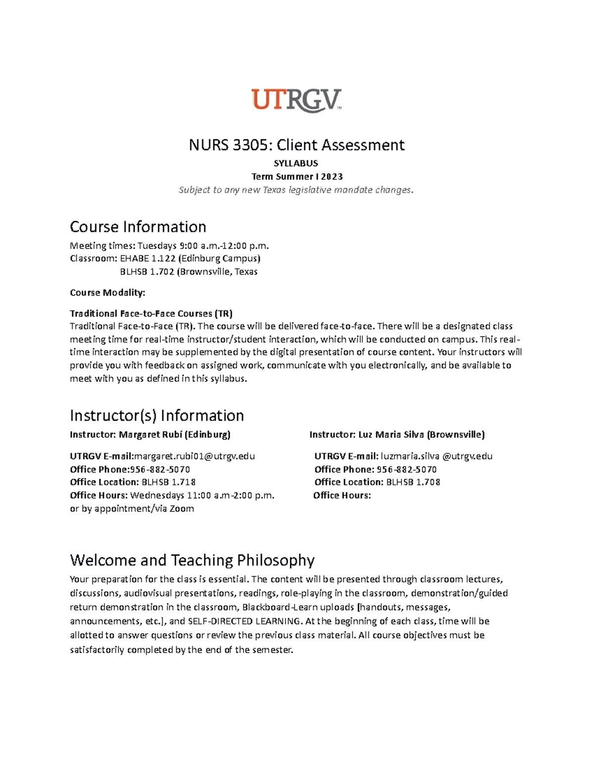NURS 3305 Syllabus Summer 2023 (R) - NURS 3305: Client Assessment ...