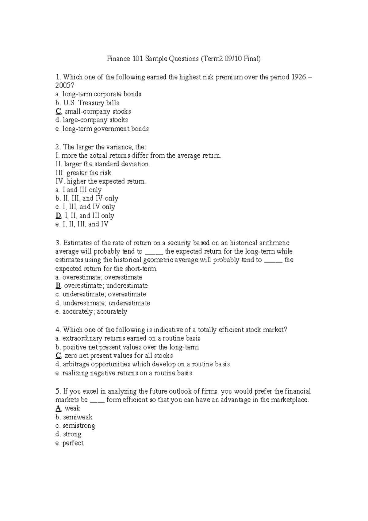 13 Sample Final Exam Questions 1 - Finance 101 Sample Questions (Term2 ...