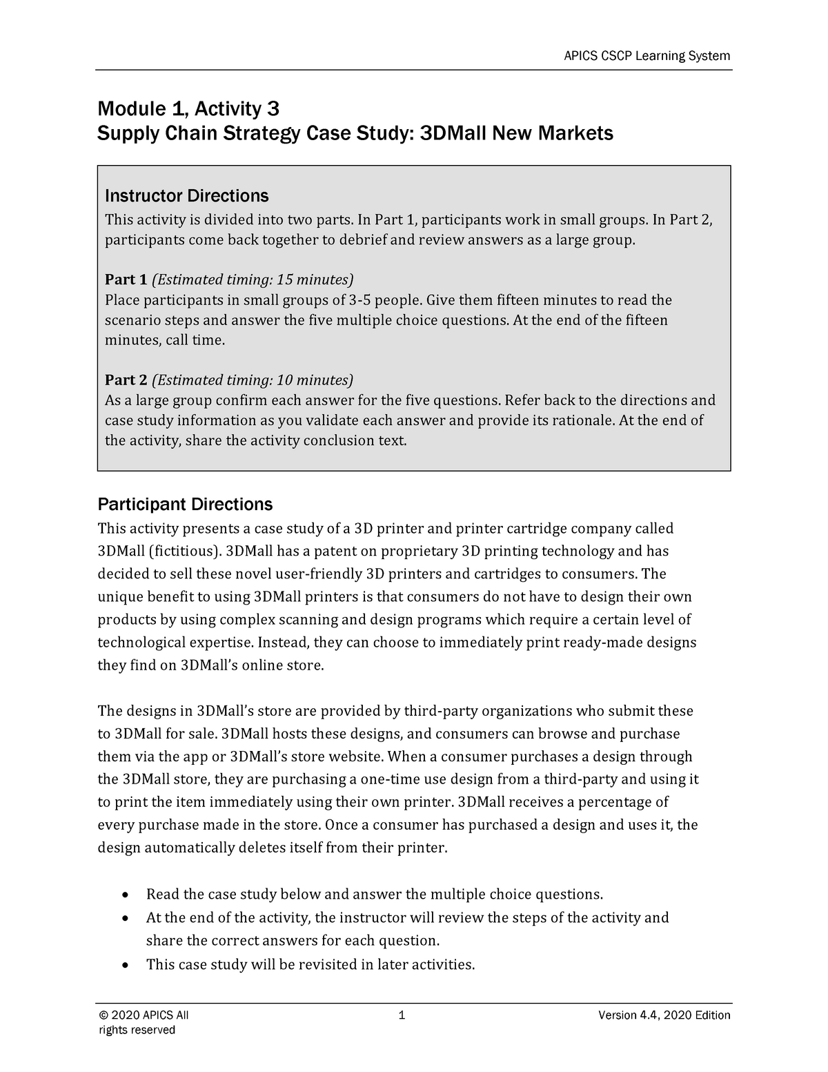 Apics CSCP2020 Activity 13 Worksheet Answer Key © 2020 APICS All 1