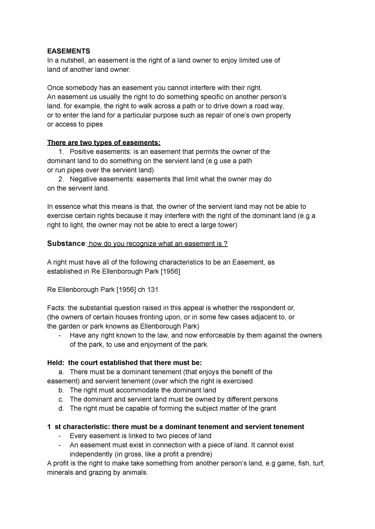 Easements 1 - land law revision notes - EASEMENTS In a nutshell, an ...