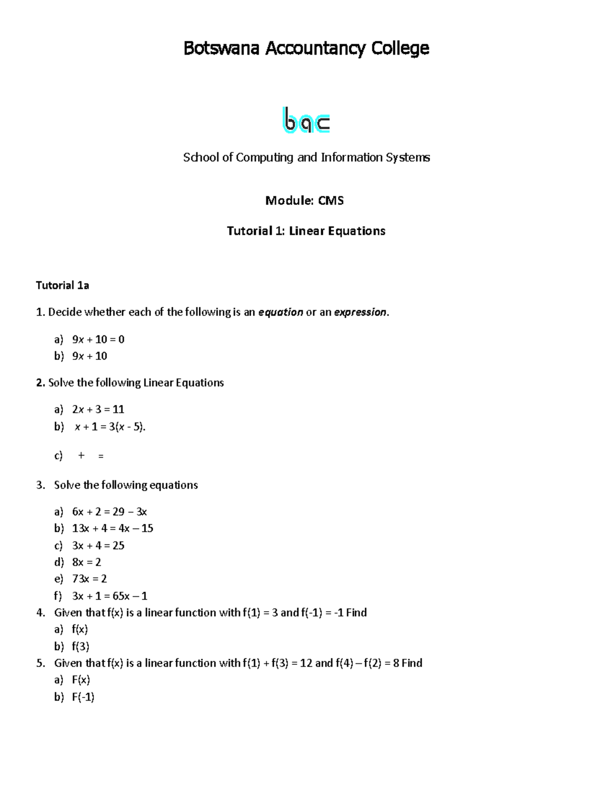 Tutorial 1 - Linear equations - Botswana Accountancy College School of ...