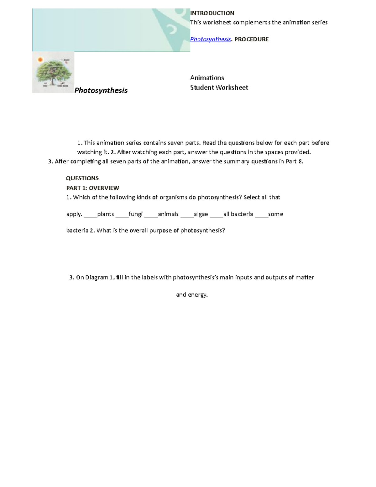 PhotosynthesisStudent WSanimation Photosynthesis INTRODUCTION This worksheet complements the