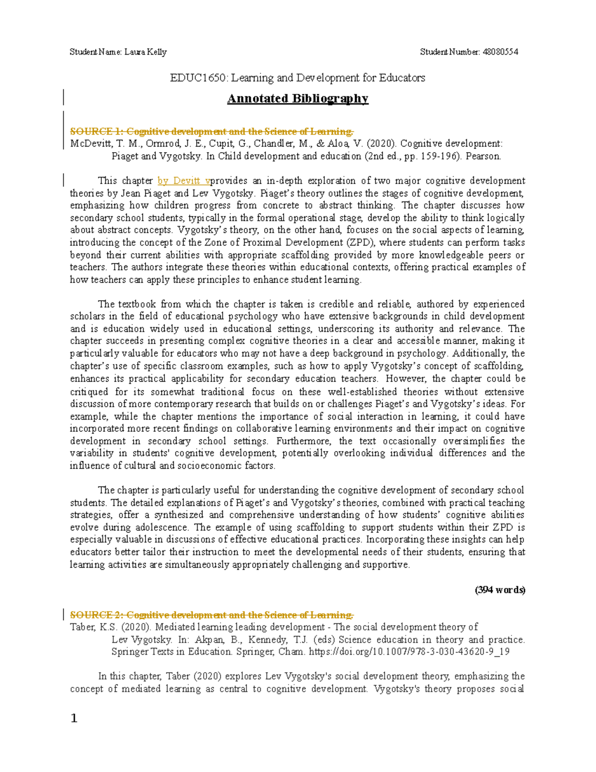 EDUC1650 Annotated Bibliography Draft EDUC1650 Learning and