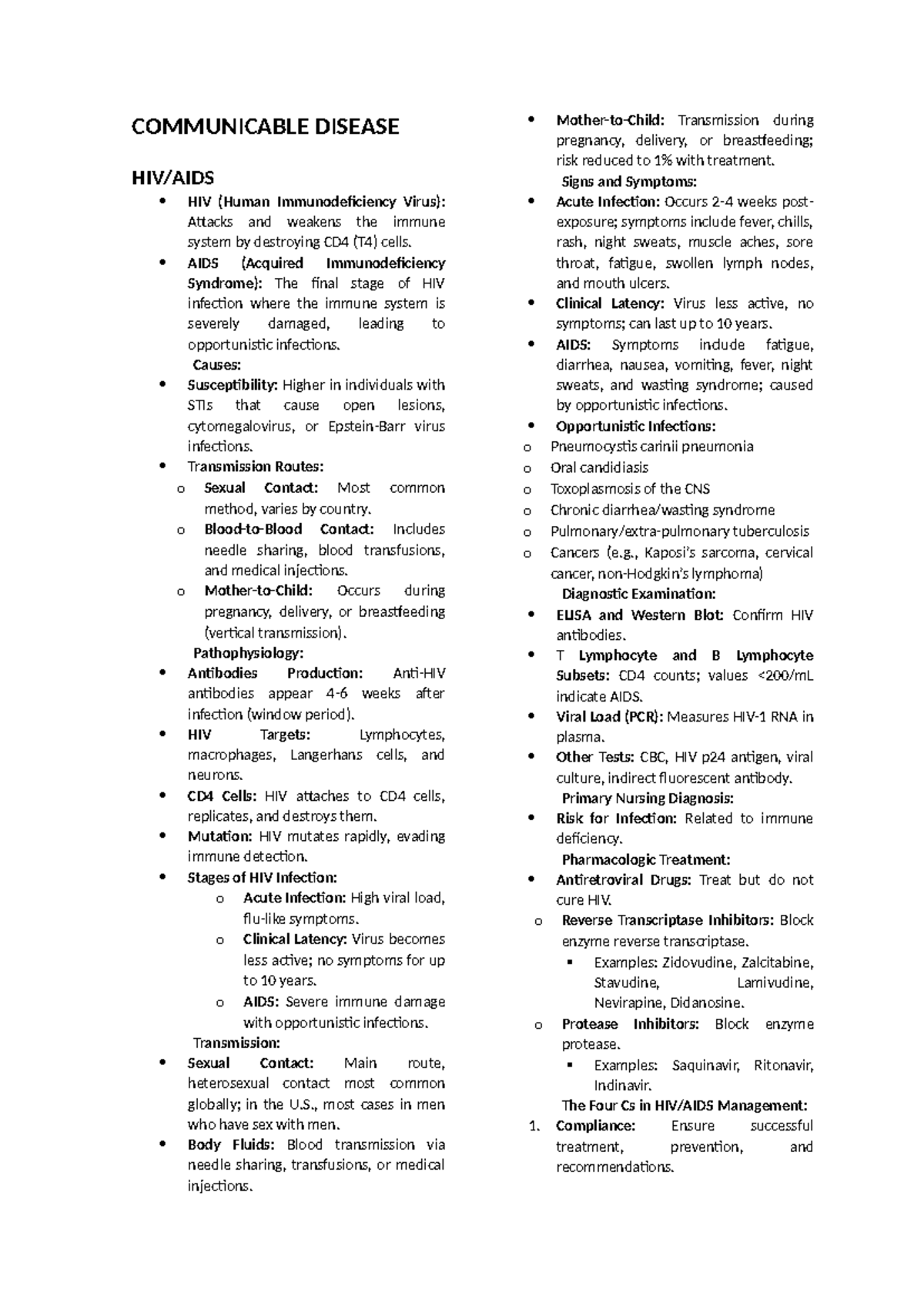 CHN Notes - summary - COMMUNICABLE DISEASE HIV/AIDS HIV (Human ...