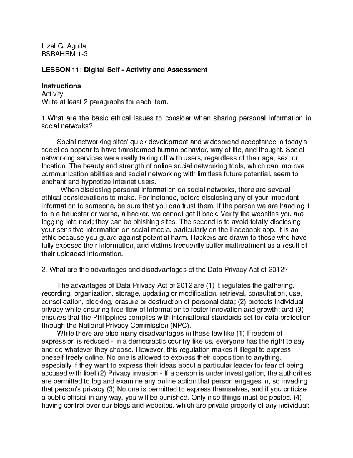 Lesson 11 digital self UNDERSTANDING THE SELF Lizel G. Aguila