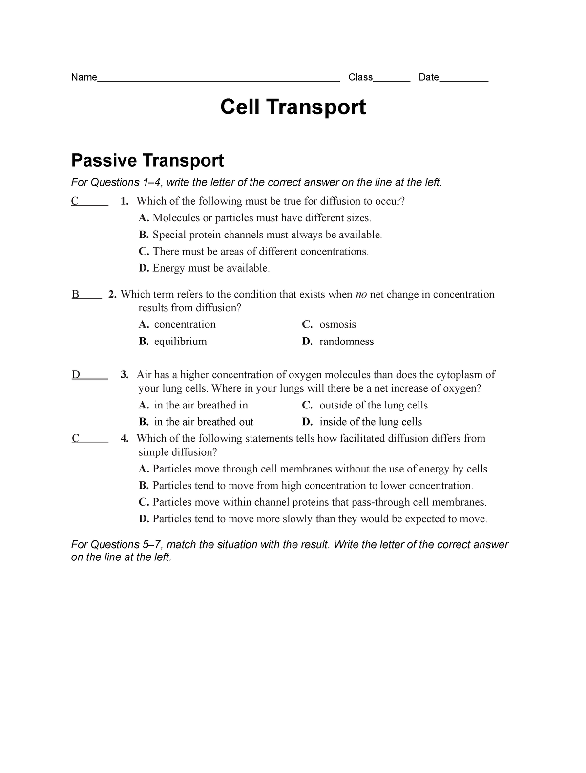 Cell Transport Worksheet - Name Class Date Cell Transport Passive ...