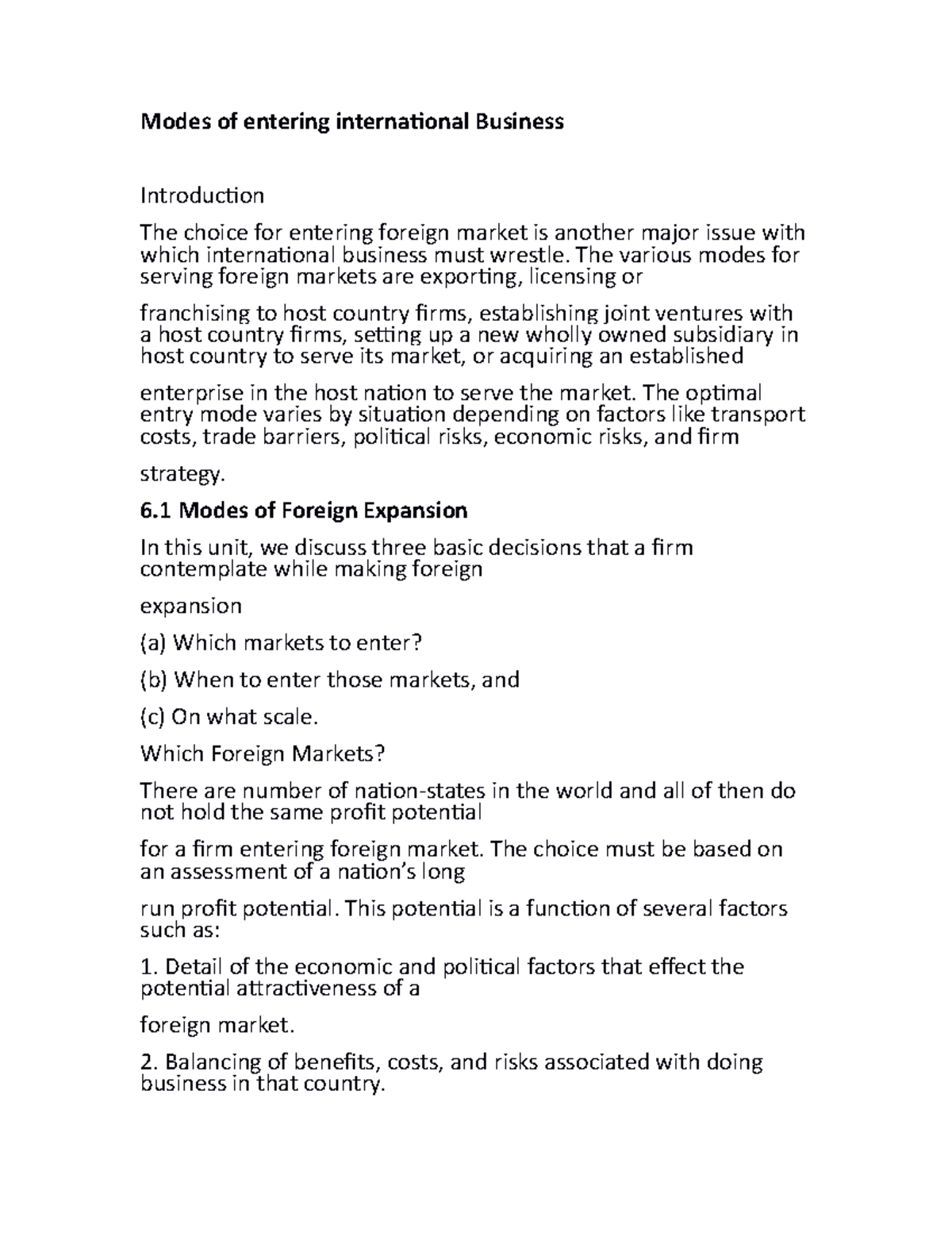 Modes of entering international Business notes - Modes of entering ...