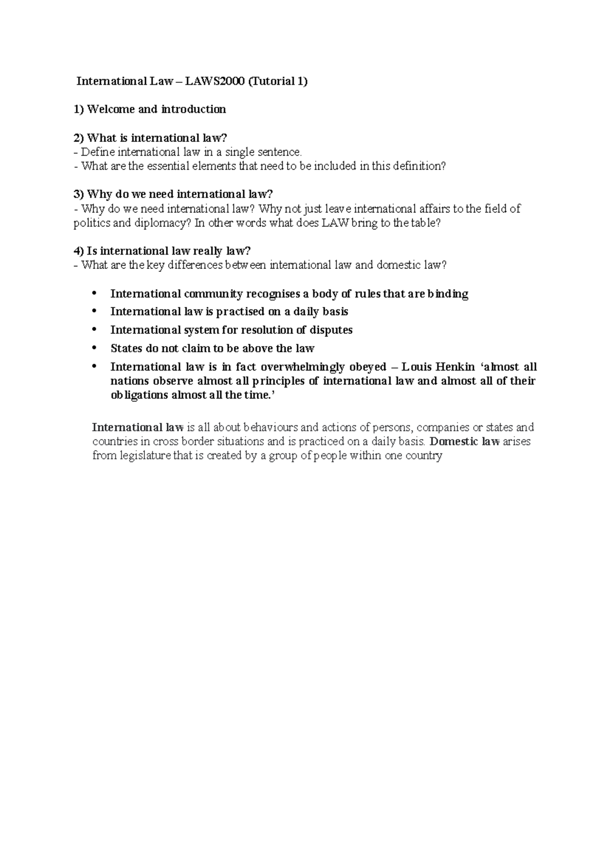LAWS 2000 Tutorial 1 Questions - International Law – LAWS2000 (Tutorial ...