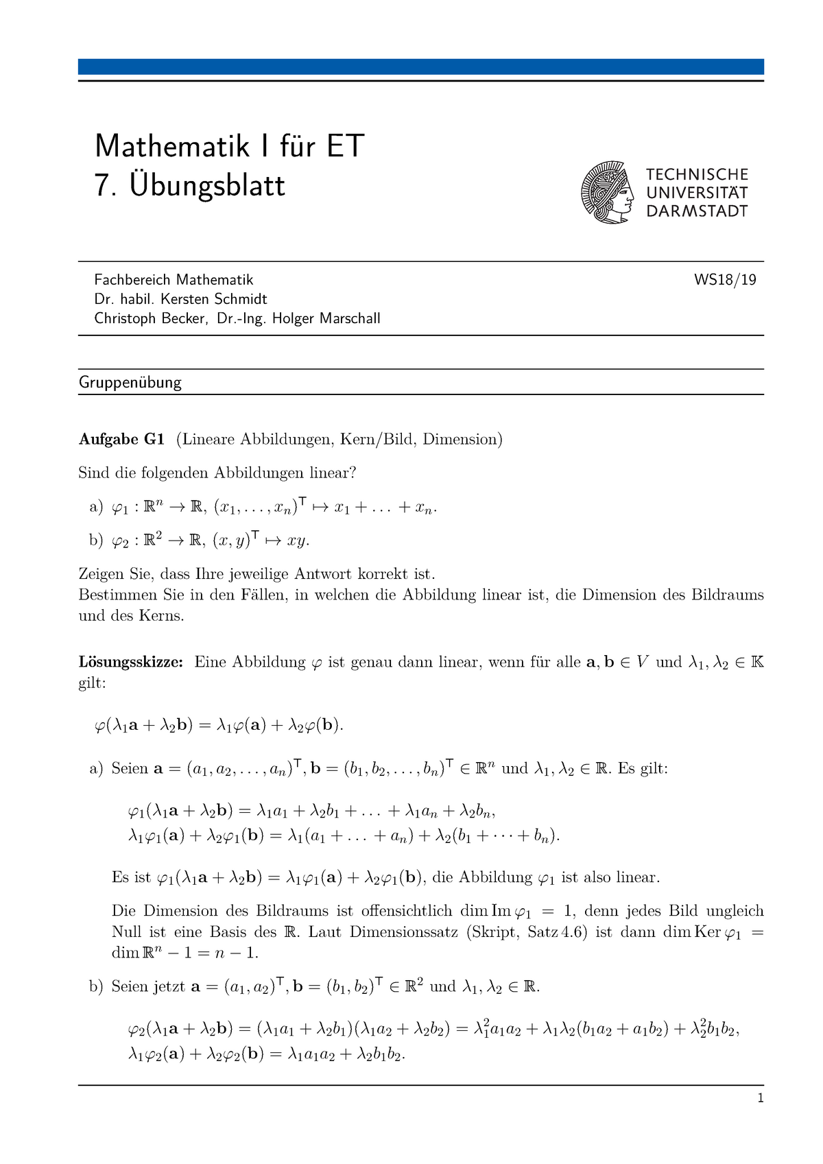 Uebungsblatt-07-loesungsskizze - Mathematik I Für ET 7. Übungsblatt ...