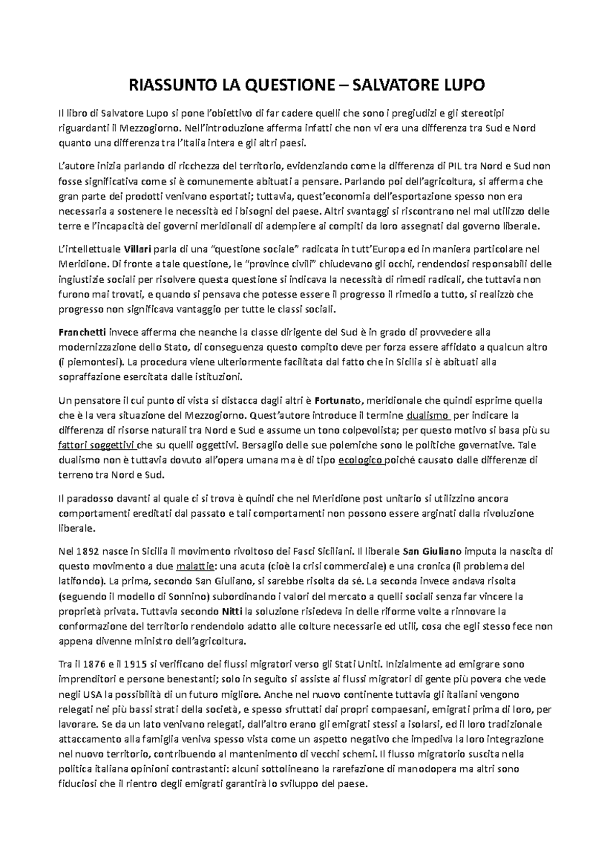Riassunto LA Questione - RIASSUNTO LA QUESTIONE – SALVATORE LUPO Il ...