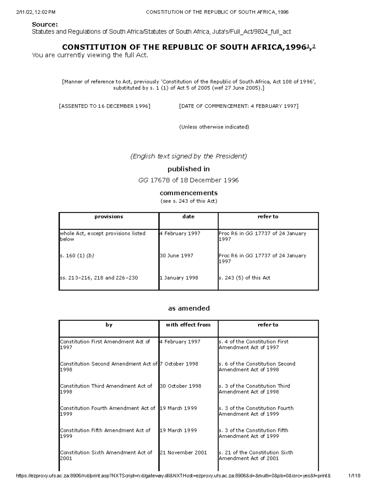 Constitution OF THE Republic OF South Africa, 1996 - Source: Statutes ...