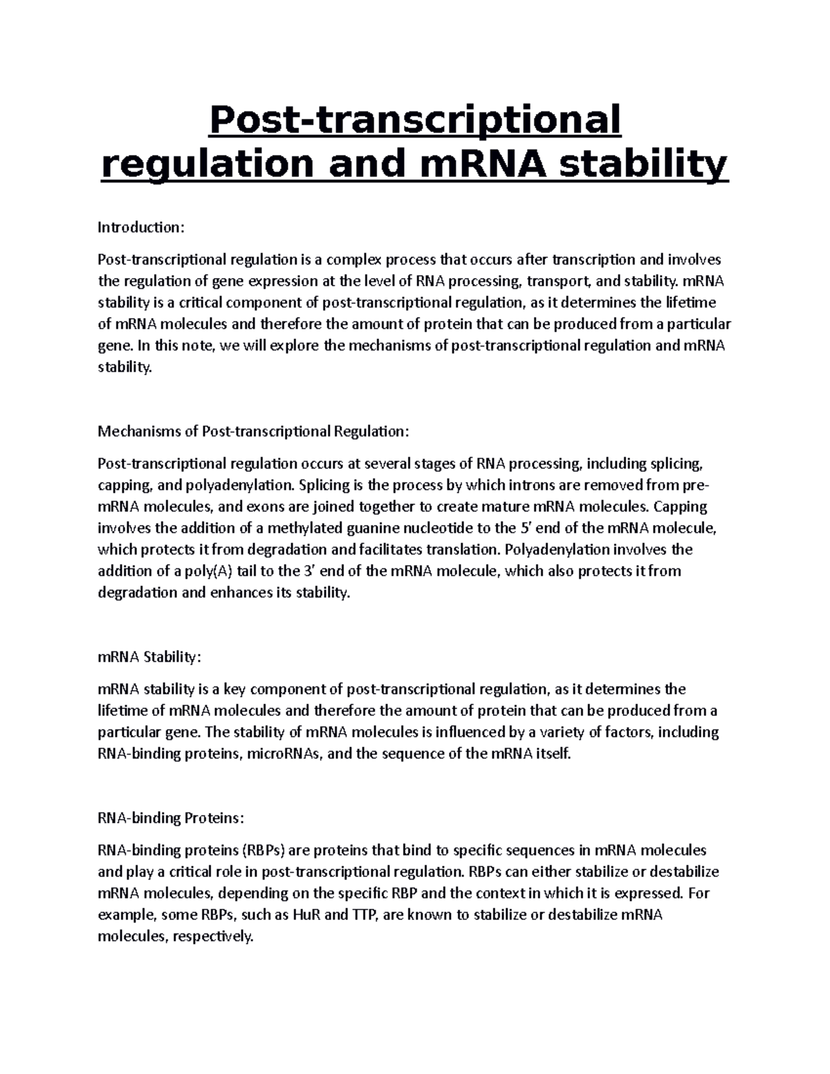 Post-transcriptional regulation and mRNA stability - Post ...