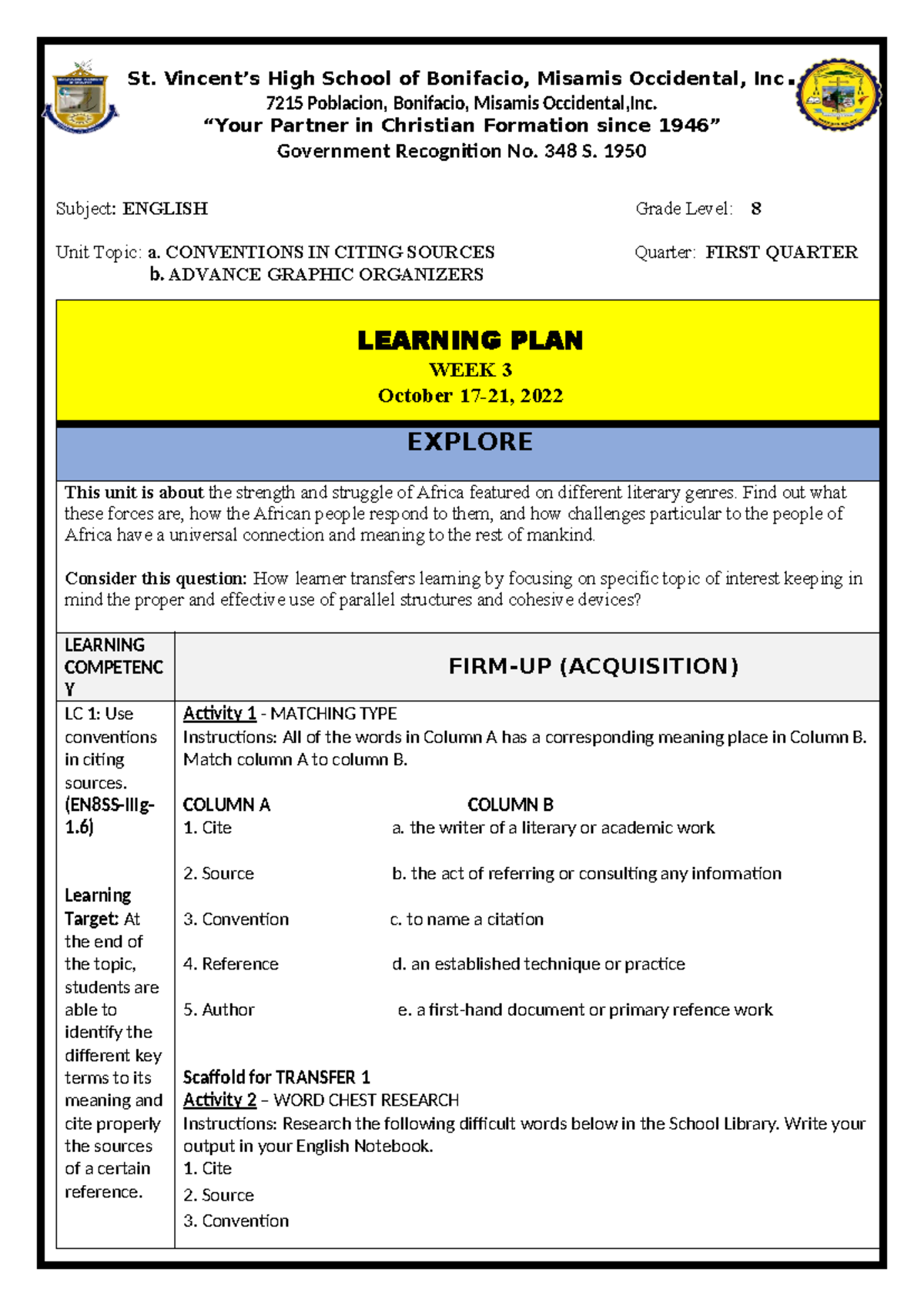 English 8-EFDT Learning PLAN Final - St. Vincent’s High School of ...