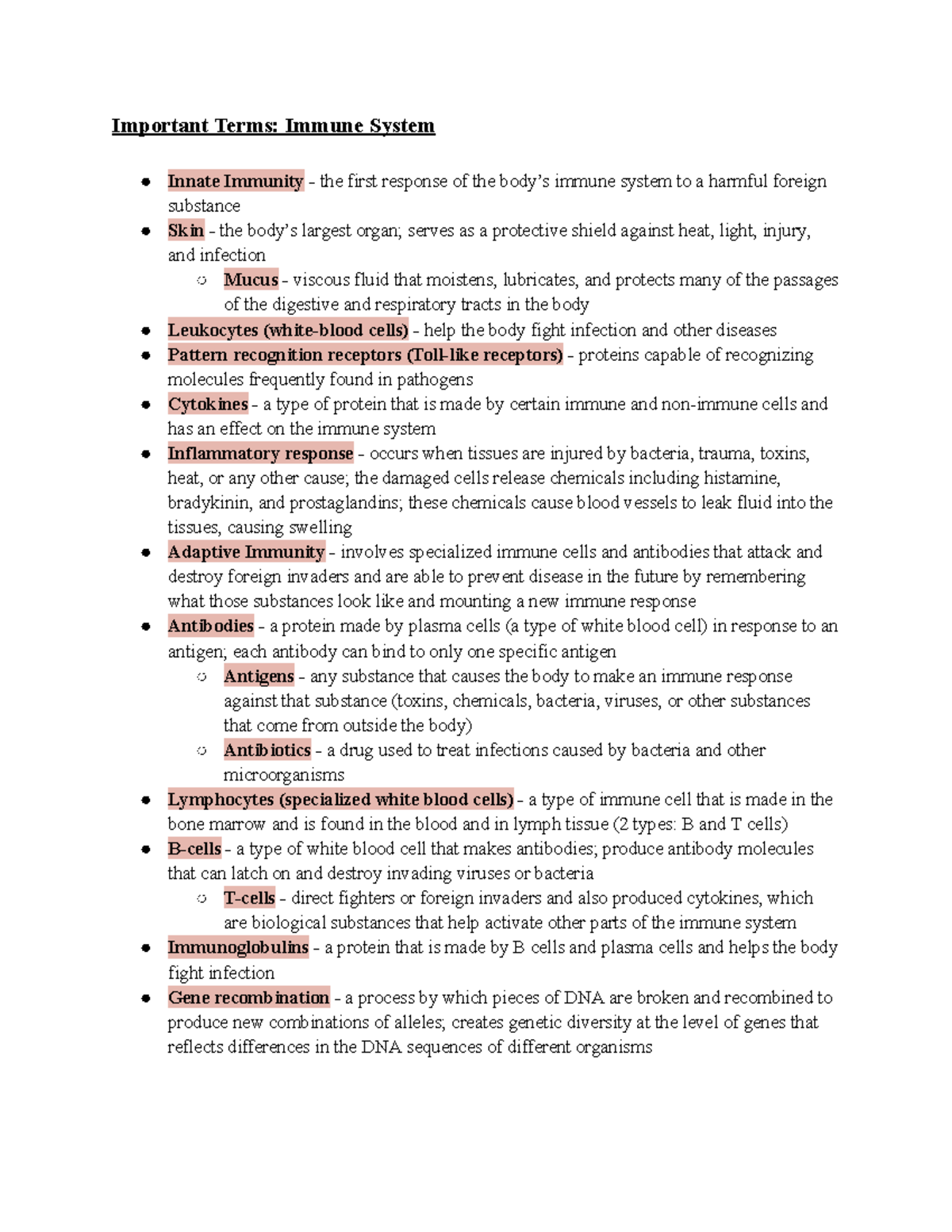 BIOL 112 Immune System Terms (1) Important Terms Immune System
