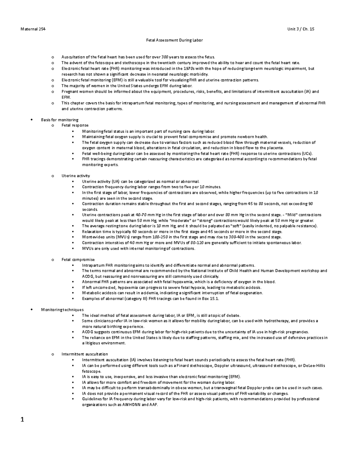 Maternal 254 ch 15 - Maternal 254 Unit 3 / Ch. 15 Fetal Assessment ...