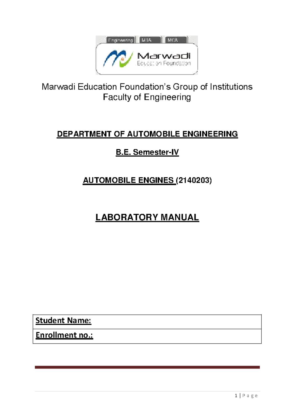 Lab manual AE - Automobile Engine - Marwadi Education Foundation’s ...