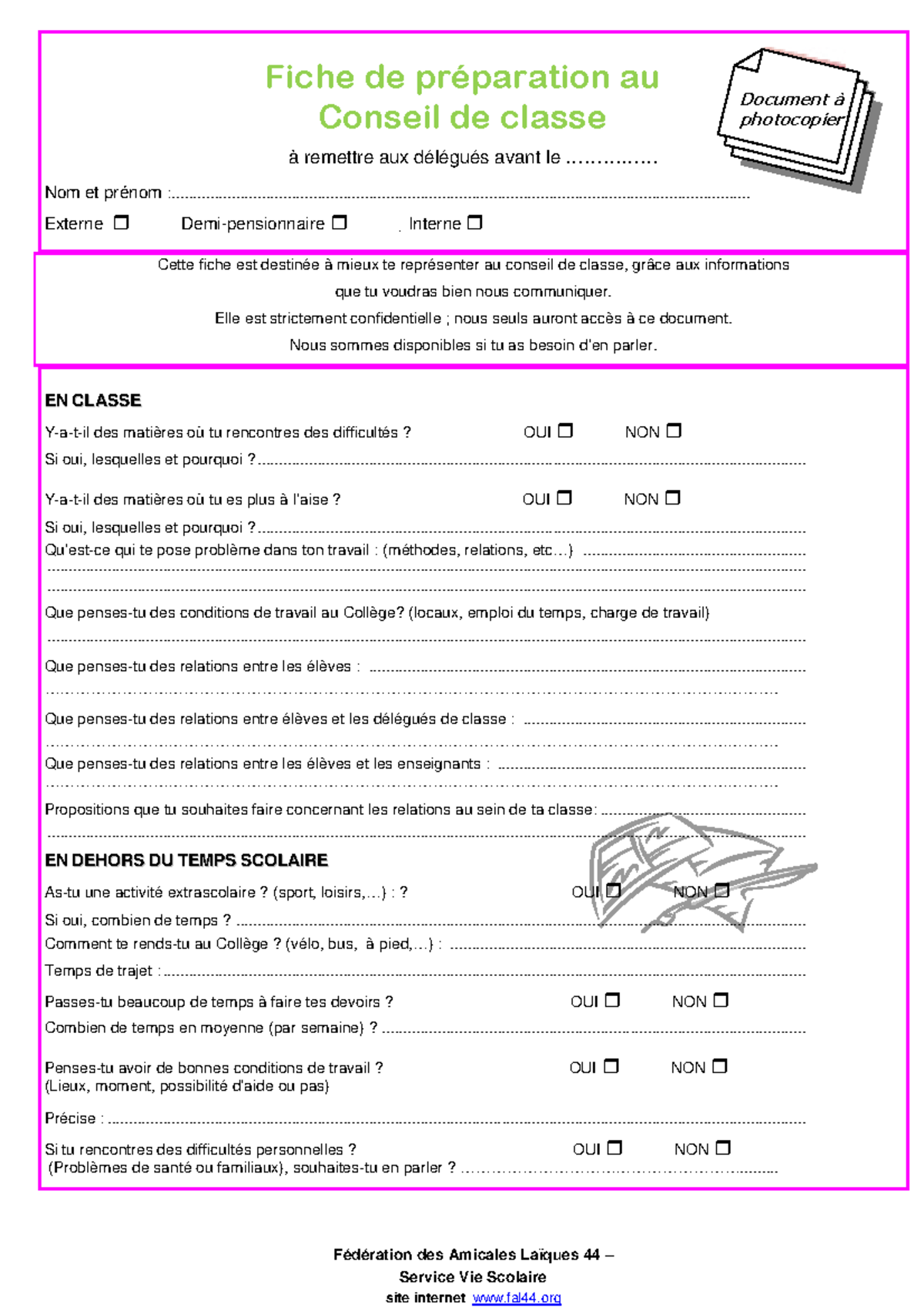 Fiche Préparation Conseil De Classe Fédération Des Amicales Laïques