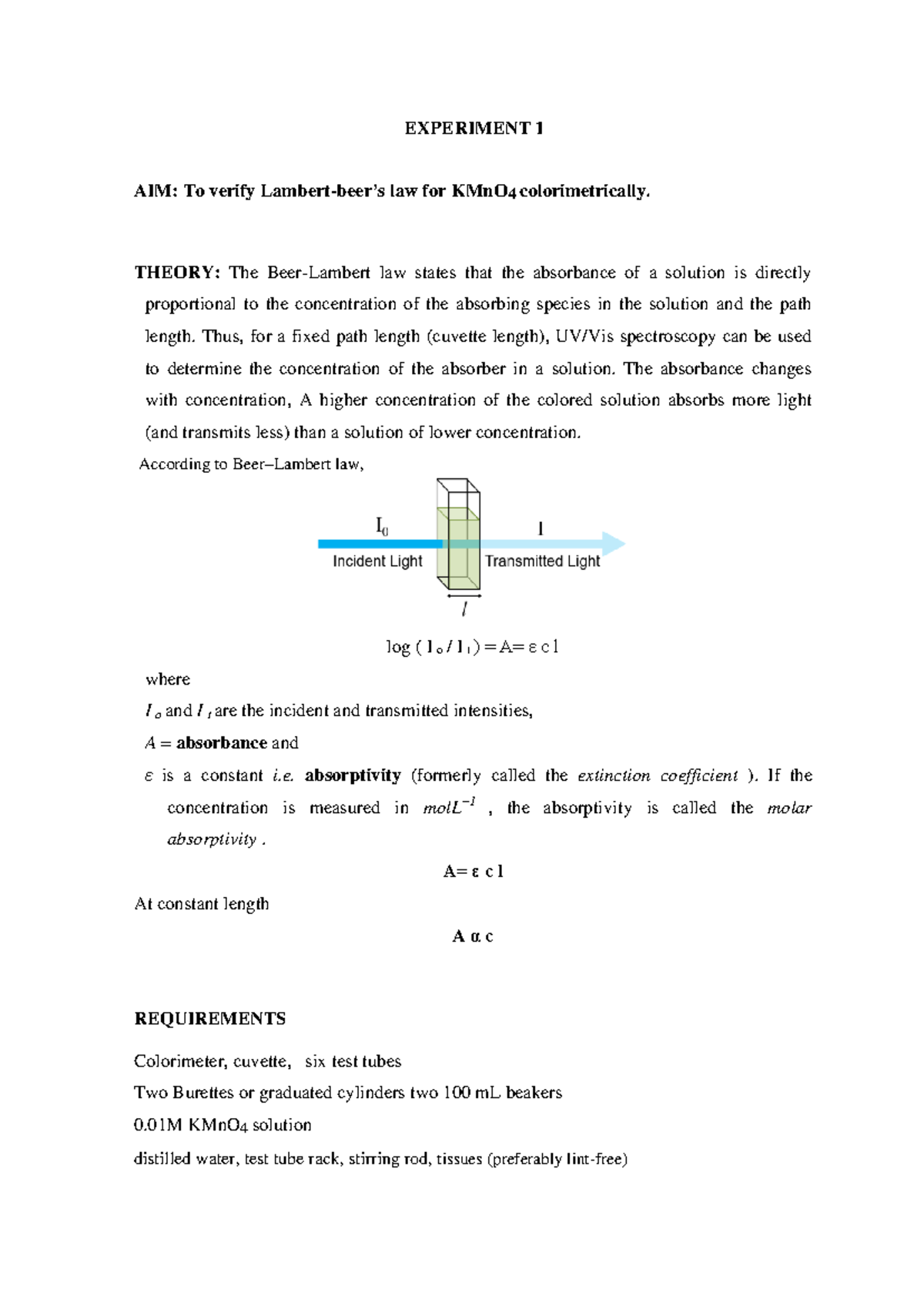 2560 LambertBeer Law Xfg EXPERIMENT 1 AIM To verify Lambertbeer’s law for KMnO 4 Studocu