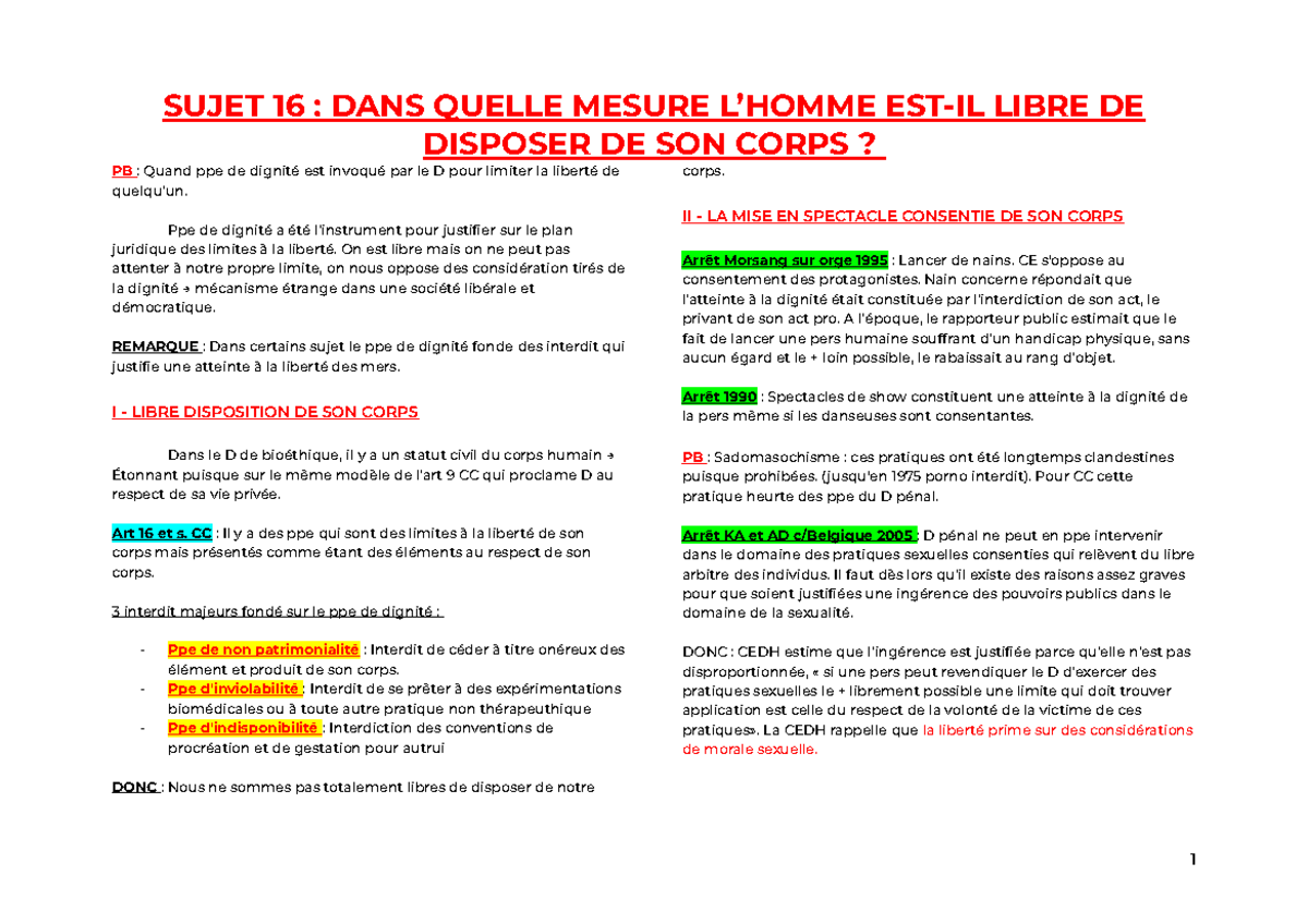 Sujet 16 DANS Quelle Mesure L’ Homme ESTIL Libre DE Disposer DE SON