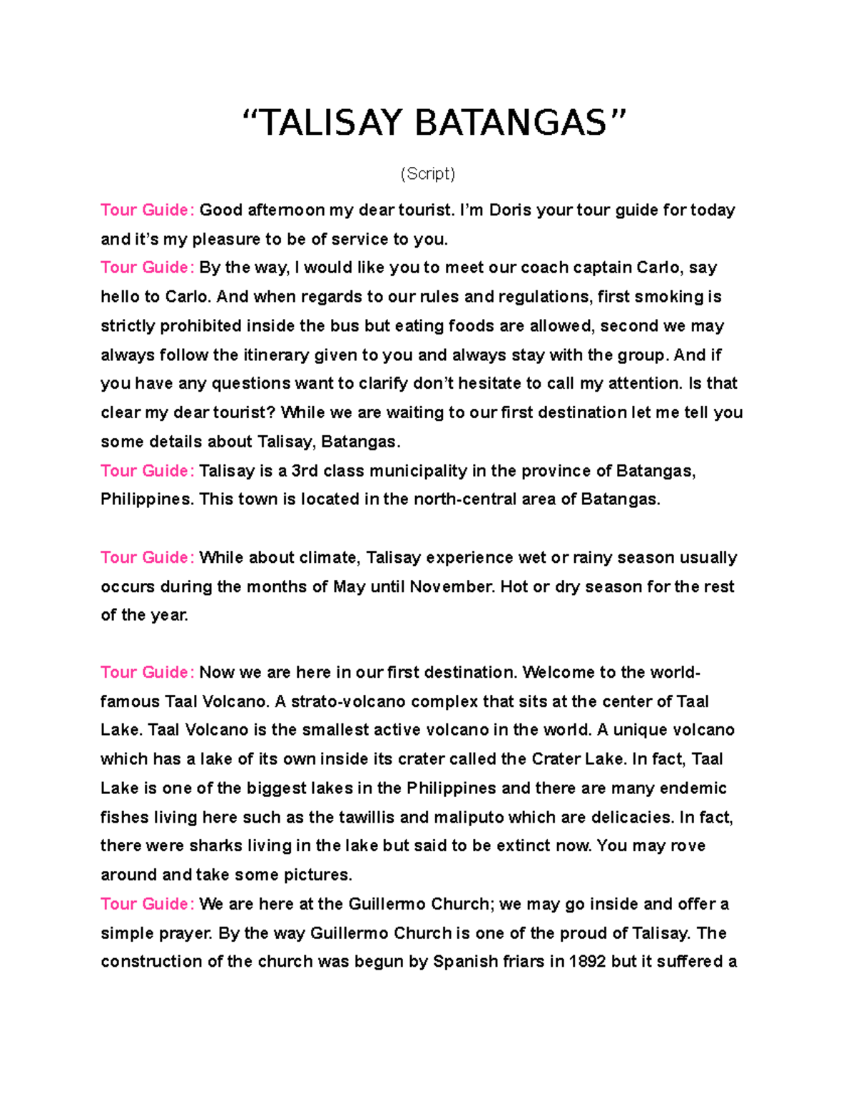 tour guide script in batangas