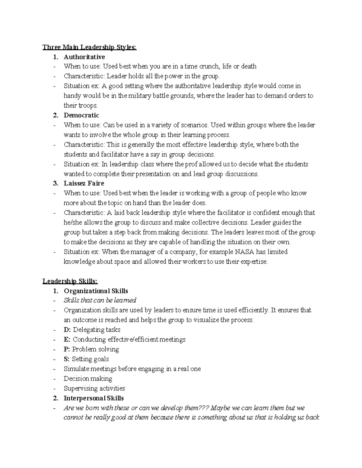 Leadership Exam Notes - Three Main Leadership Styles: 1. Authoritative ...