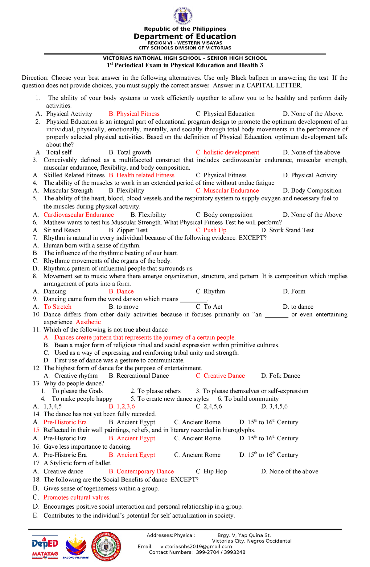 1st Periodical Exam Pe3 2023 Key Answer Republic Of The Philippines Department Of Education 