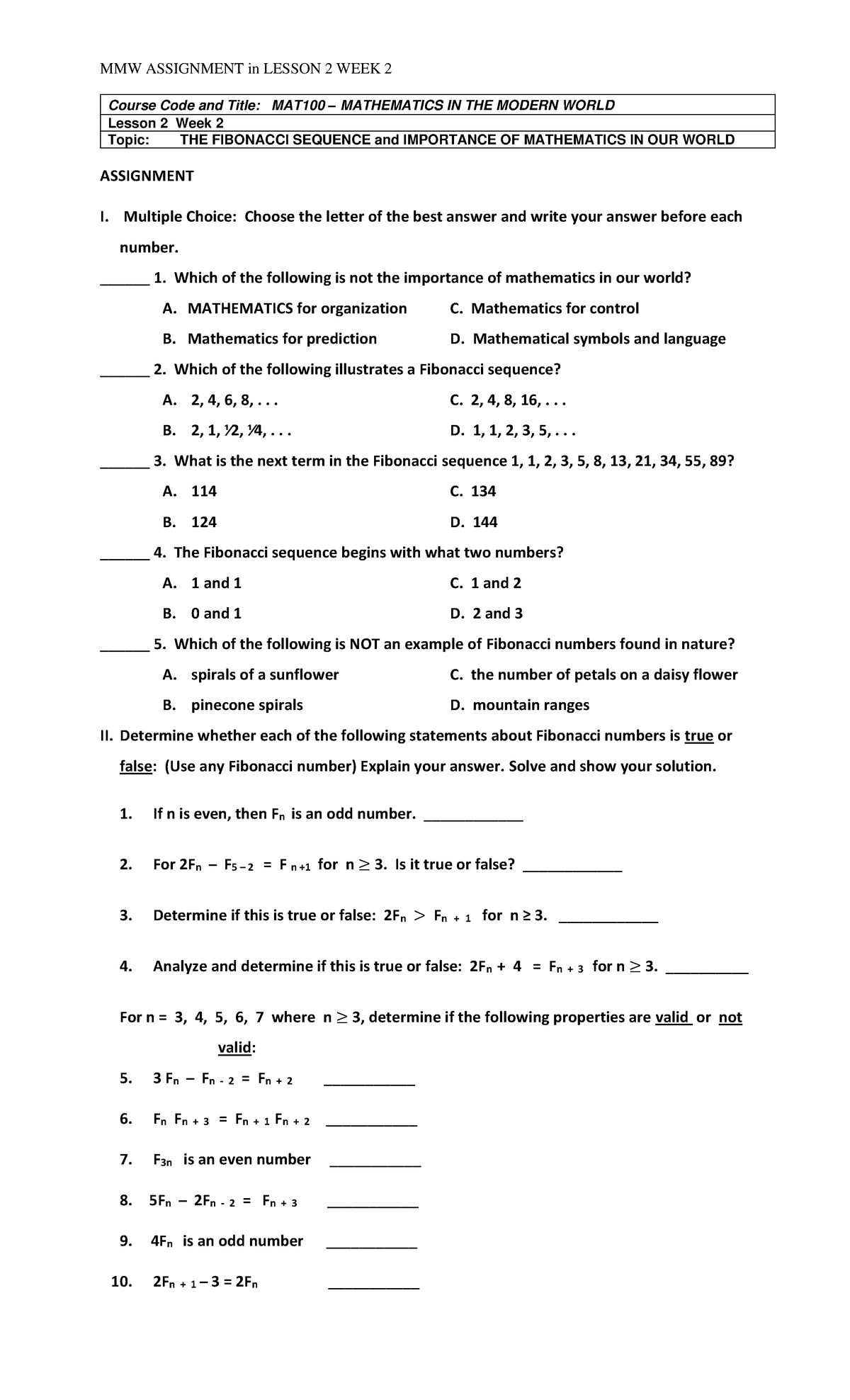 MMW Assignment in L 2 W 2 on Fibonacci Numbers - MMW ASSIGNMENT in ...