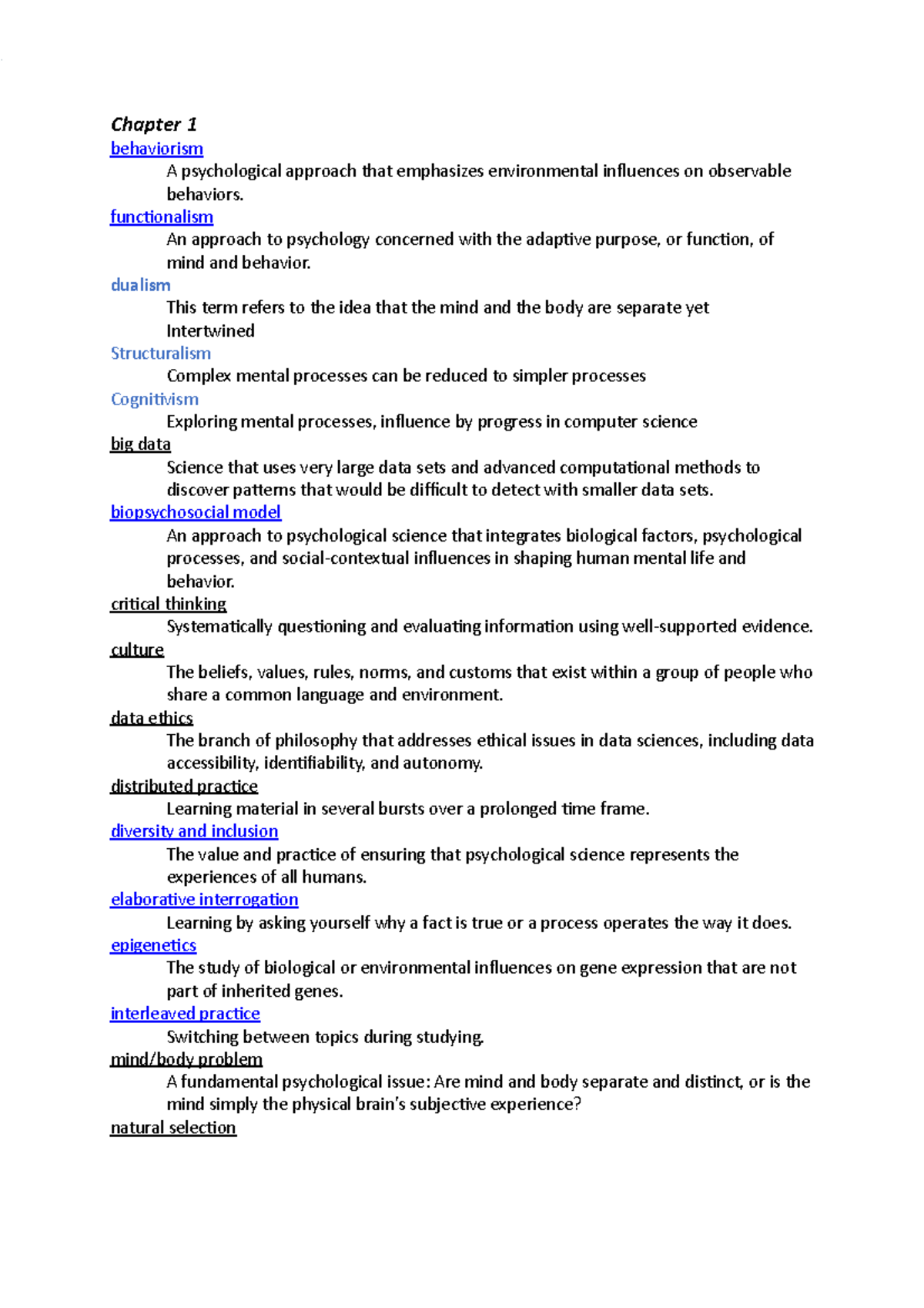Glossary introductie Begrippenlijst Psychological Science Seventh Edition Chapter 1
