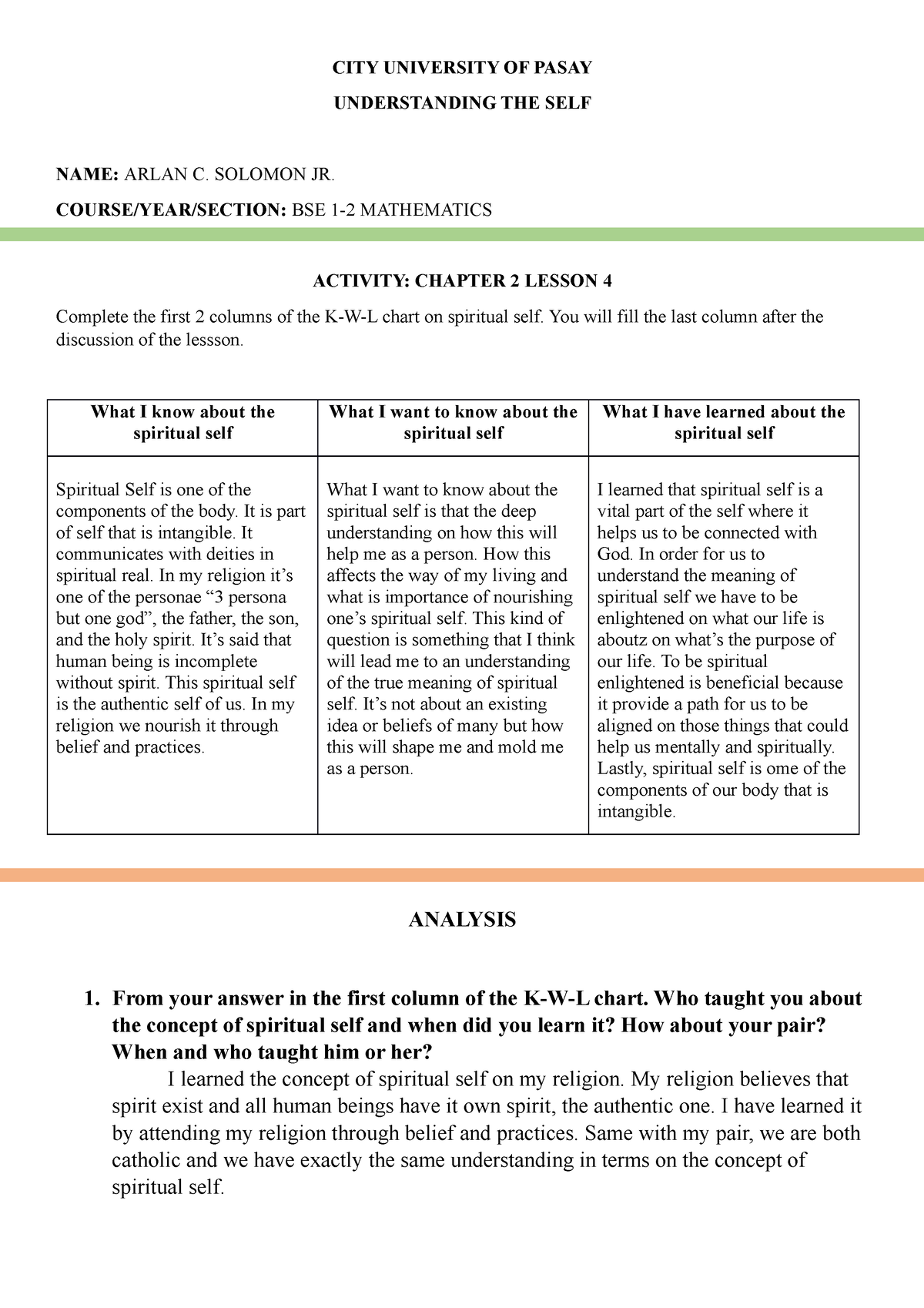 Activity 7 - Chapter 2 - Lesson 3 - Understanding The Self - Solomon ...