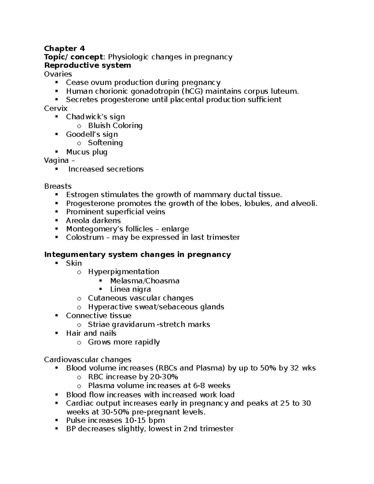 Chapter 4 - Chapter 4 Topic/ concept: Physiologic changes in pregnancy