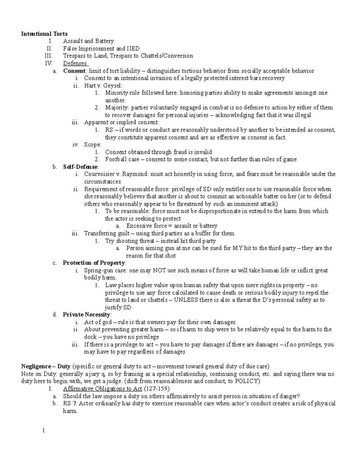 Torts Outline Lee - 2 - Intentional Torts I. Assault and Battery II ...