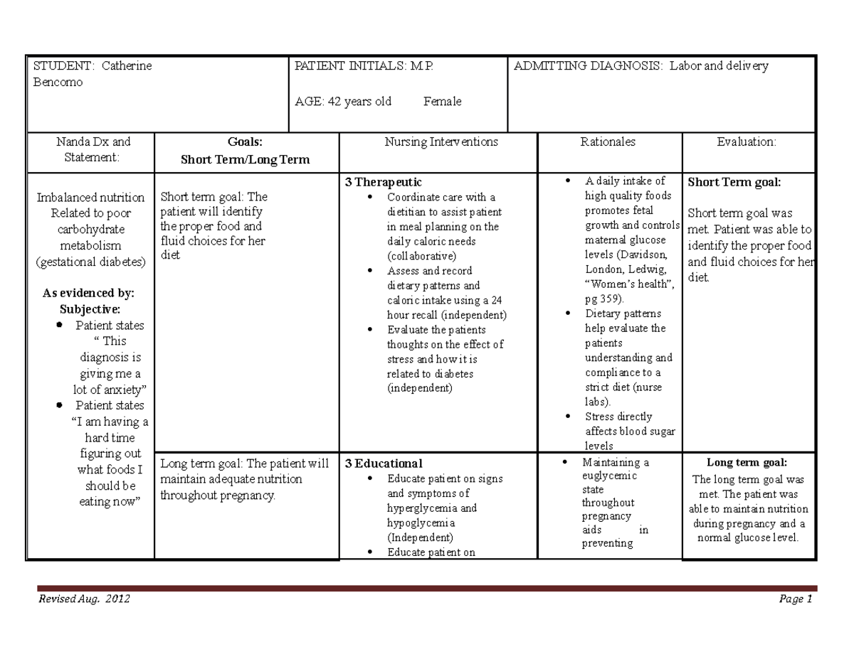 OB care plan - Care plan - STUDENT: Catherine Bencomo PATIENT INITIALS ...