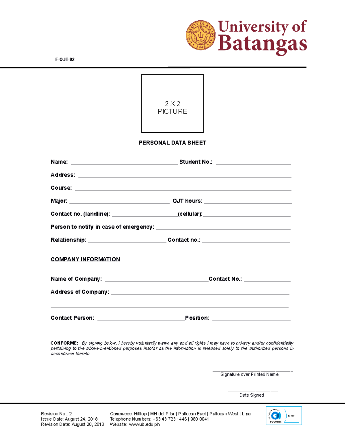 F OJT 02 Personal Data Sheet 1 FOJT PERSONAL DATA SHEET Name